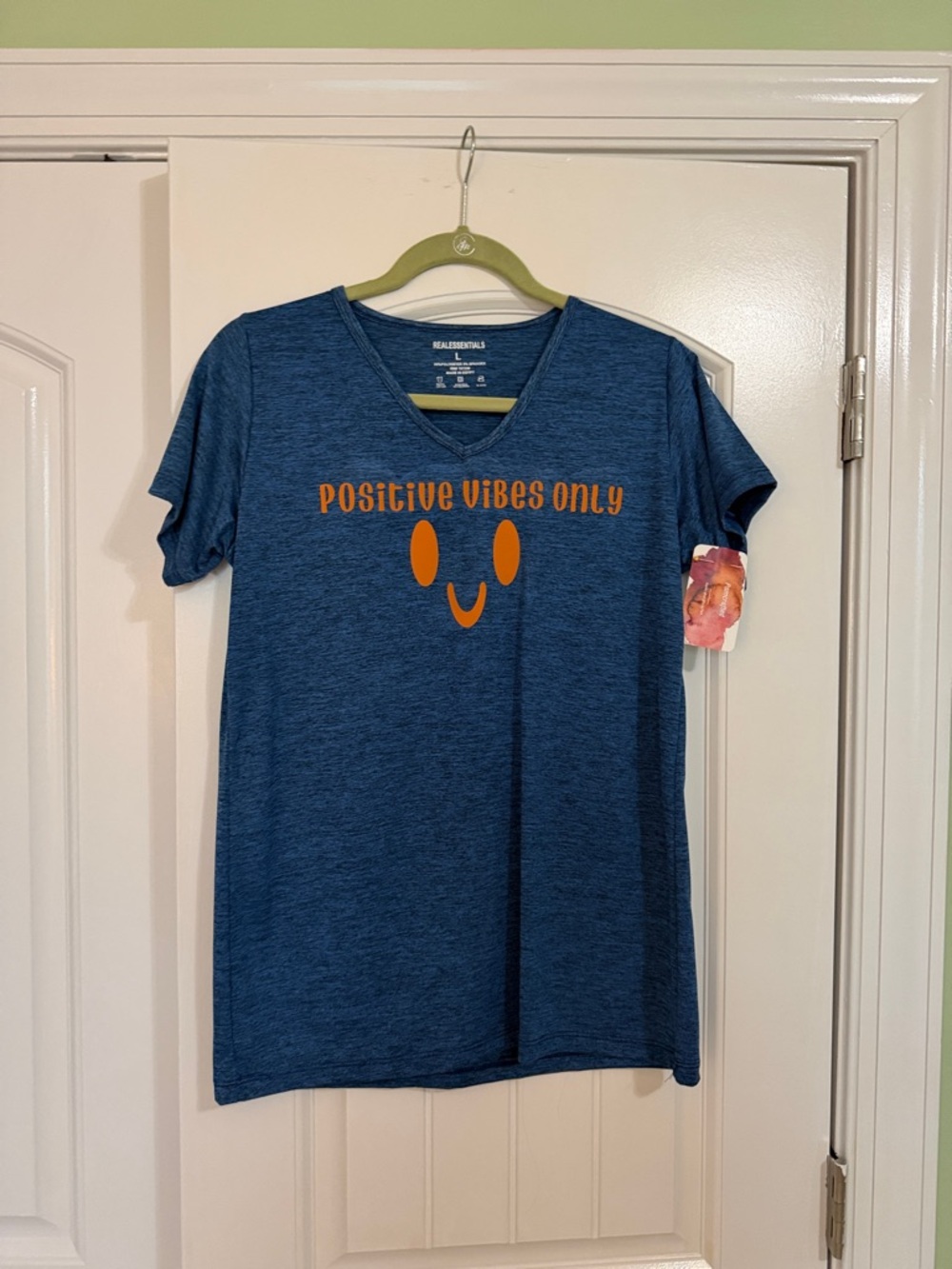 Essentials V-Neck Tee - Blue with Orange 'Positive Vibes Only' Graphic